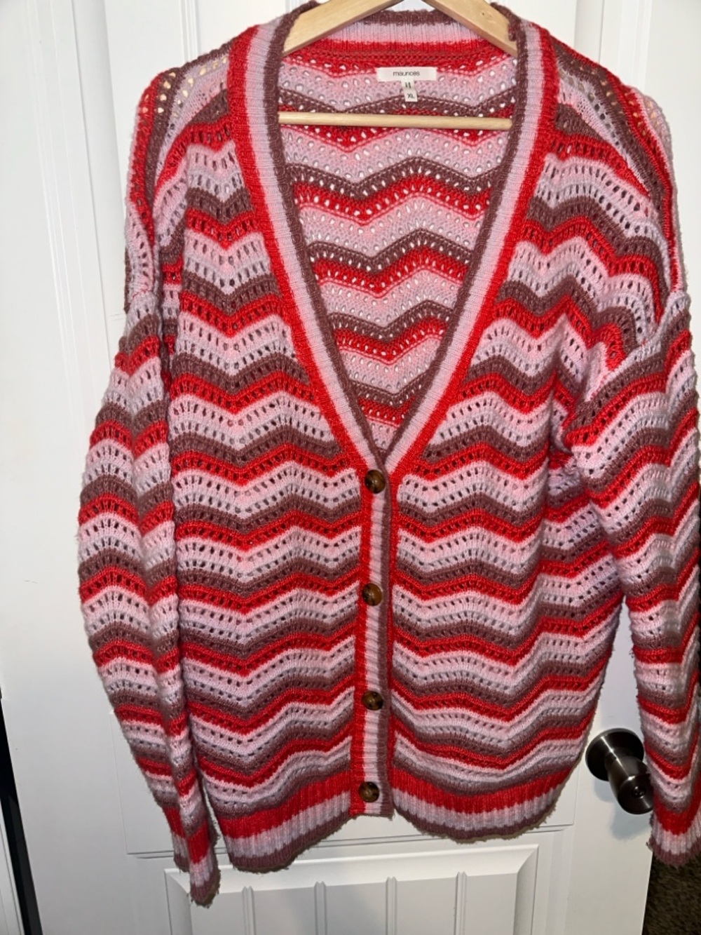 Maurices Chevron Knit Cardigan in Pink, Red & Brown